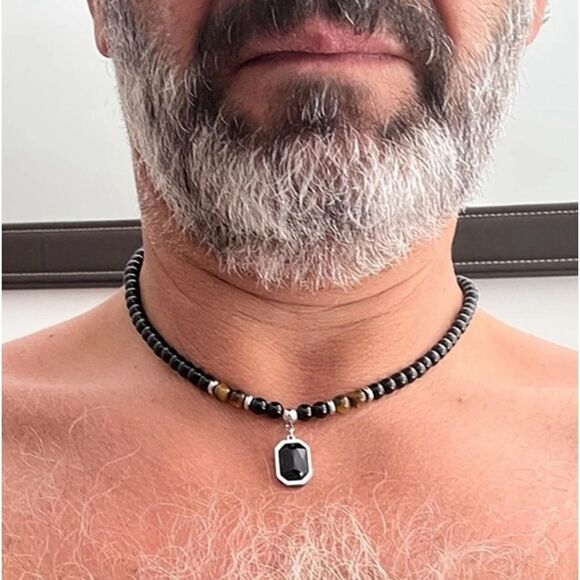 Men’s Charm Necklace l Stainless Steel l Beaded l 15” + extension l New - Picture 3 of 10